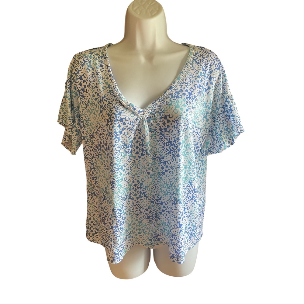 Lauren Ralph Lauren Blue White Print V Neck Short‎ Sleeve Top